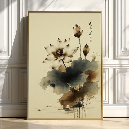 Lotus Flower Poster Print | Japanese Ink Style Wall Art