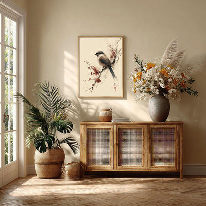 Japanese Bird Poster, Cherry Blossom Print, Floral Wall Art