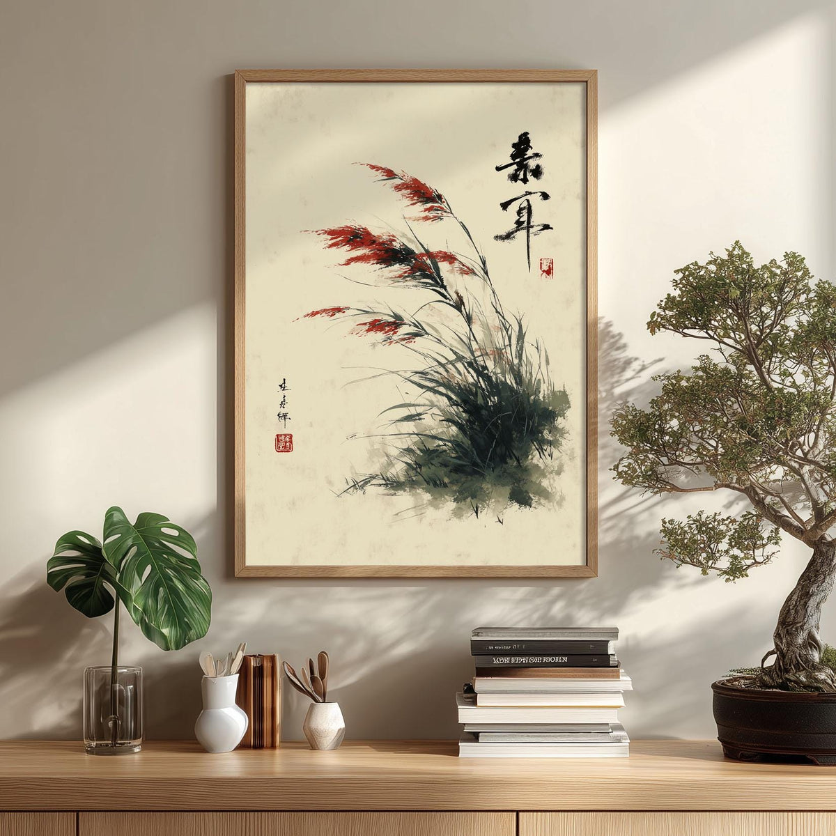 Wild Grass Poster, Japanese Sumi E Print, Botanical Wall Art