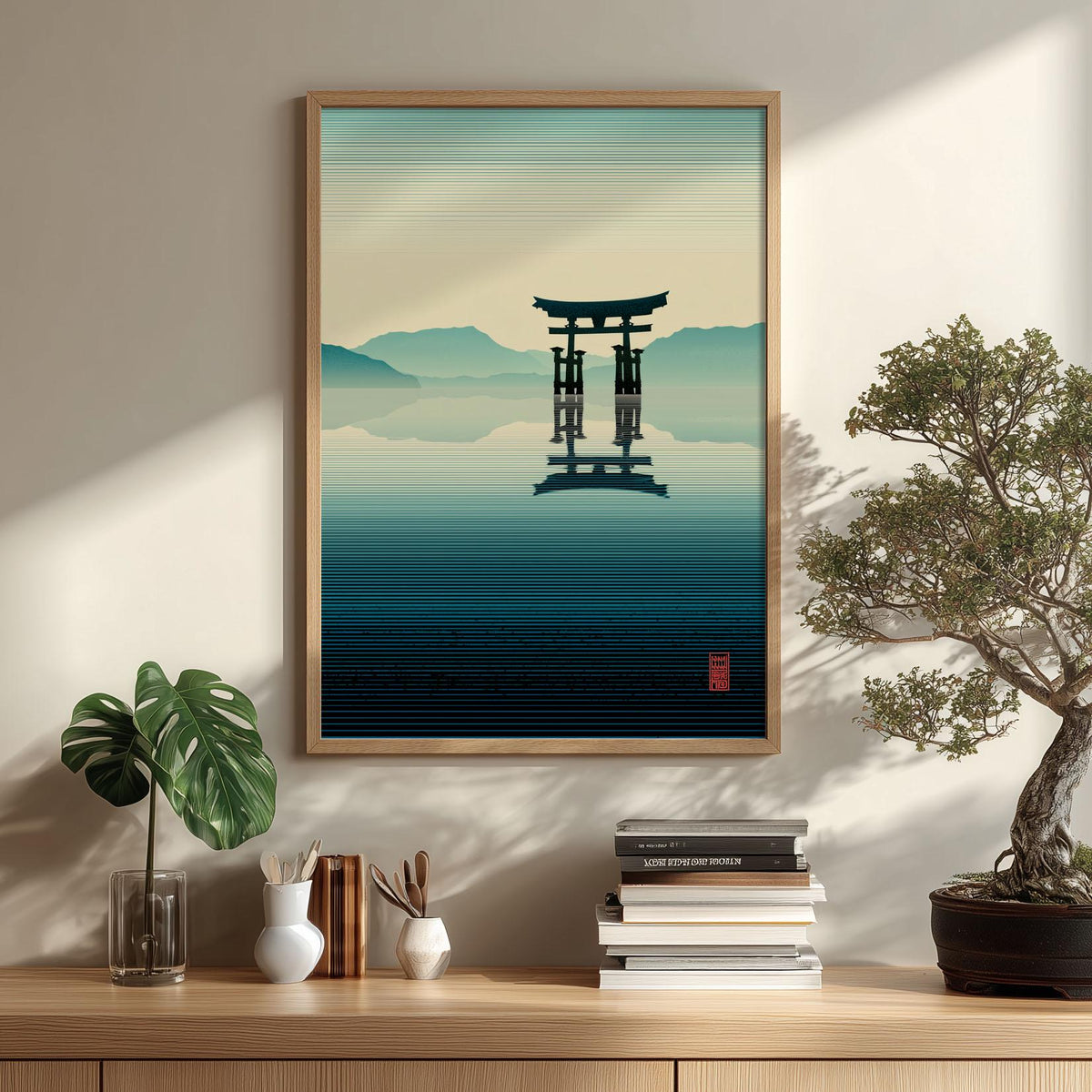 Japanese Torii Gate Poster, Lake Landscape Print, Teal Zen Wall Art
