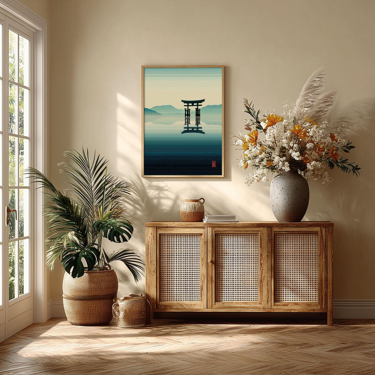 Japanese Torii Gate Poster, Lake Landscape Print, Teal Zen Wall Art