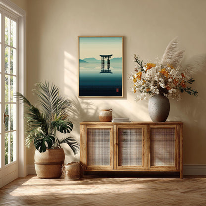 Japanese Torii Gate Poster, Lake Landscape Print, Teal Zen Wall Art