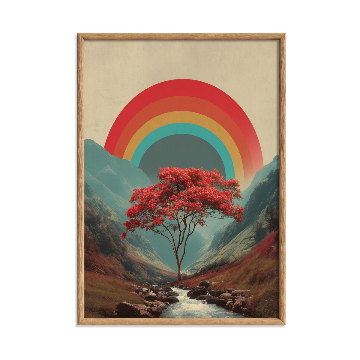 Retro Rainbow Tree Poster, Mountain Landscape Print, Colourful Wall Art