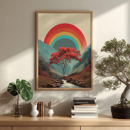 Retro Rainbow Tree Poster, Mountain Landscape Print, Colourful Wall Art