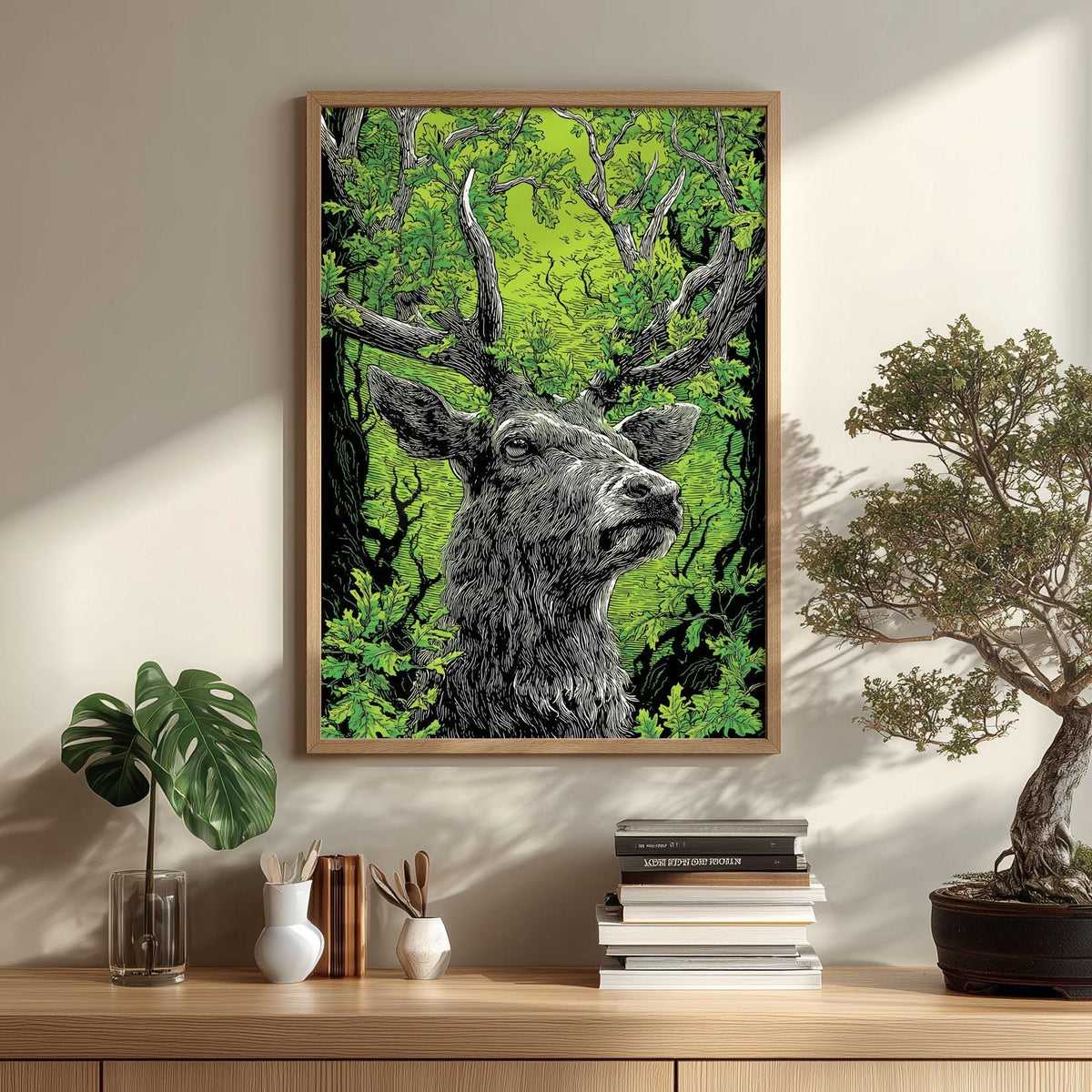 Linocut Stag Poster, Green Deer Print, Woodland Forest Wall Art
