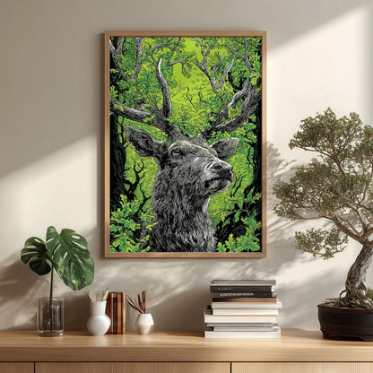 Linocut Stag Poster, Green Deer Print, Woodland Forest Wall Art