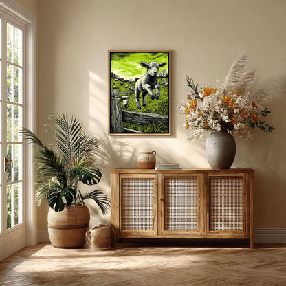 Lamb Poster, Green Linocut Print, Farm Animal Wall Art