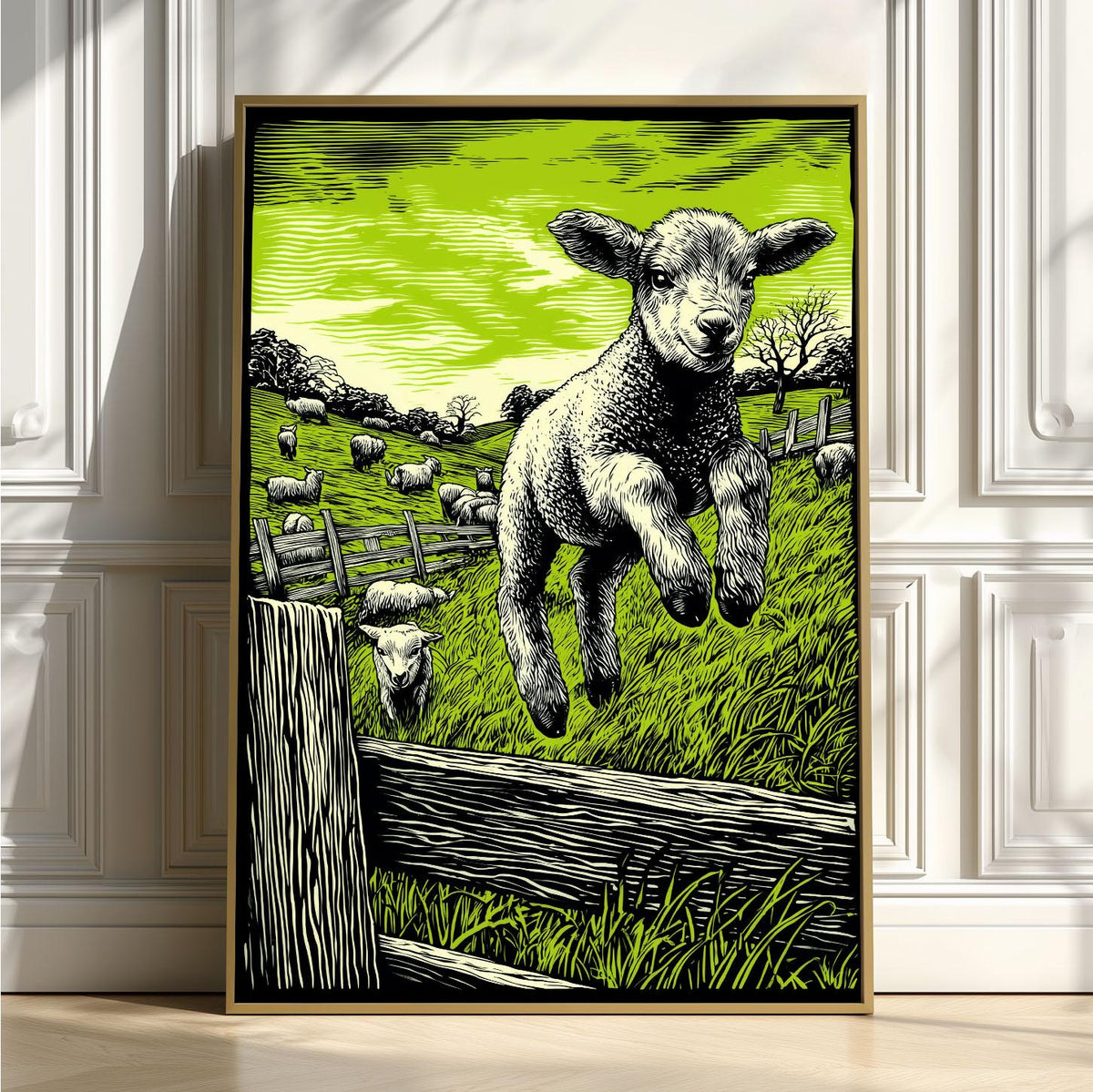 Lamb Poster, Green Linocut Print, Farm Animal Wall Art
