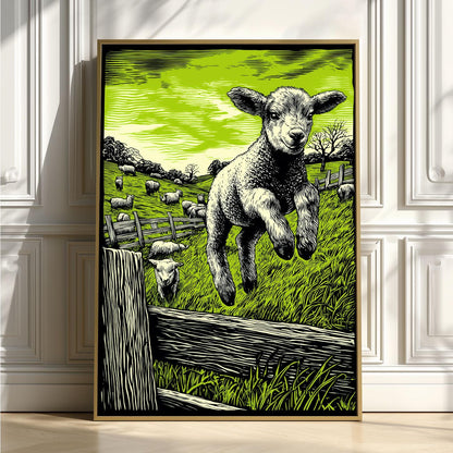 Lamb Poster, Green Linocut Print, Farm Animal Wall Art