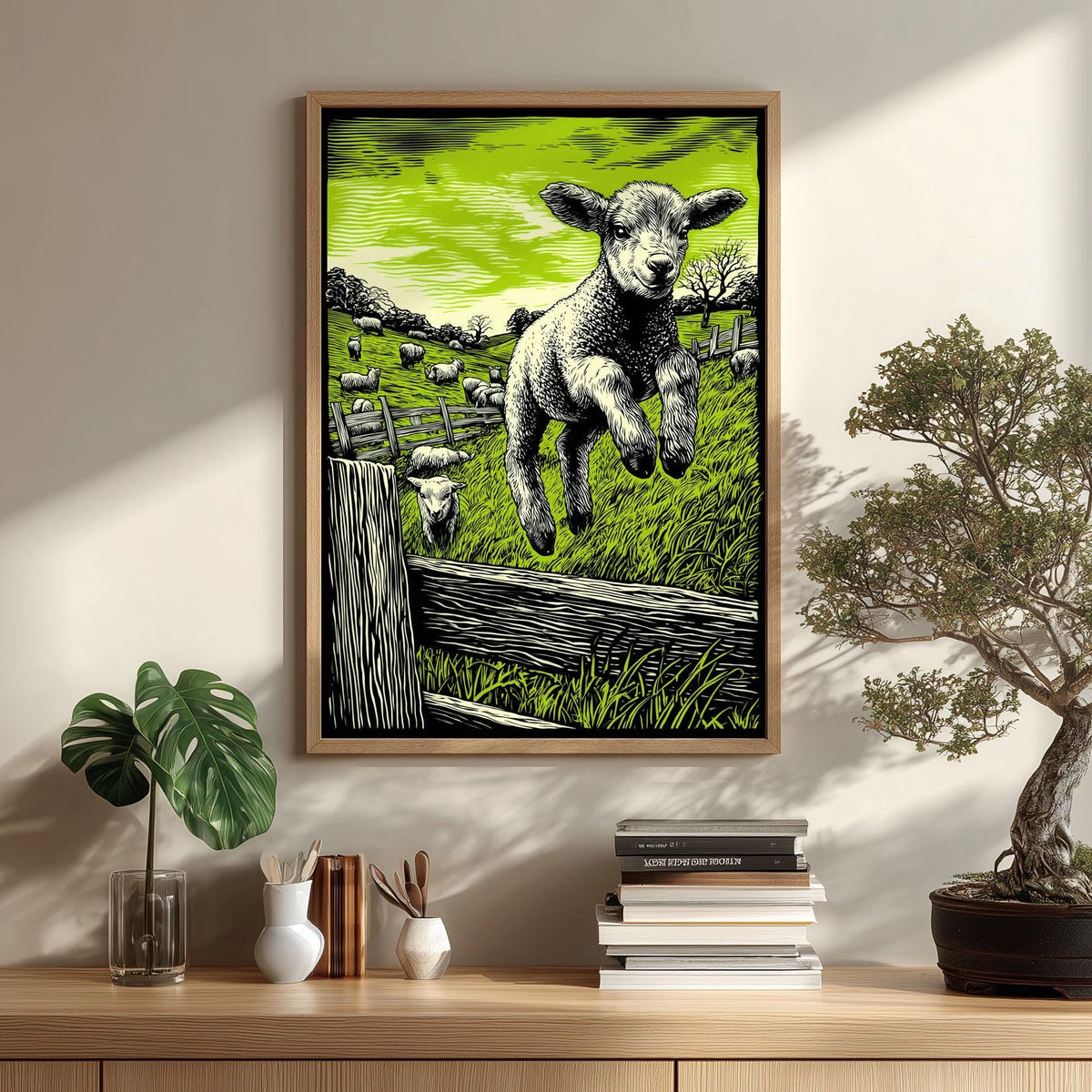 Lamb Poster, Green Linocut Print, Farm Animal Wall Art