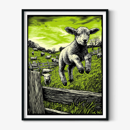 Lamb Poster, Green Linocut Print, Farm Animal Wall Art