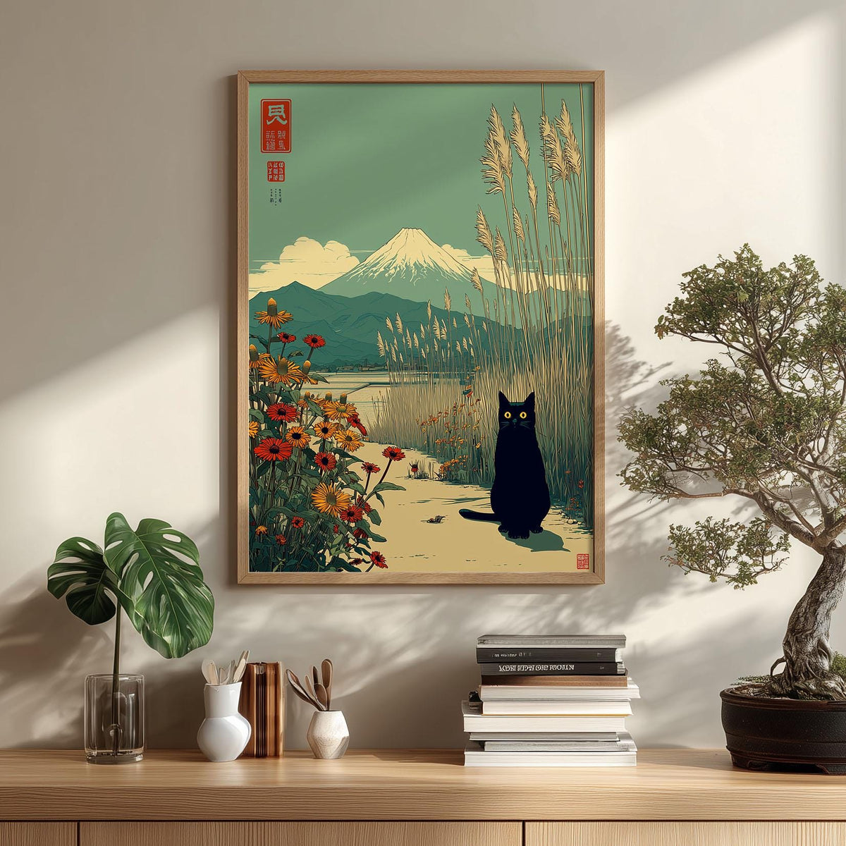 Japanese Black Cat Poster, Mount Fuji Print, Floral Landscape Wall Art