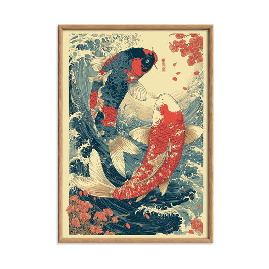 Koi Fish Poster, Japanese Woodblock Print, Ocean Wave Wall Art
