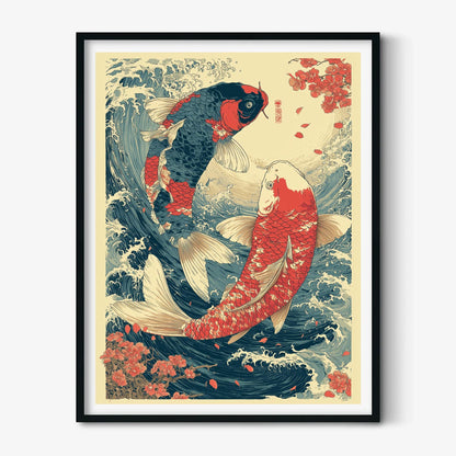 Koi Fish Poster, Japanese Woodblock Print, Ocean Wave Wall Art