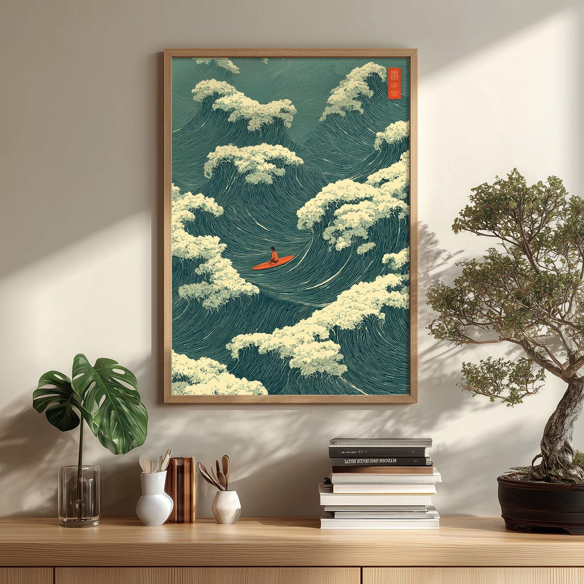 Ocean Wave Poster, Japanese Woodblock Print, Surfer Coastal Wall Art