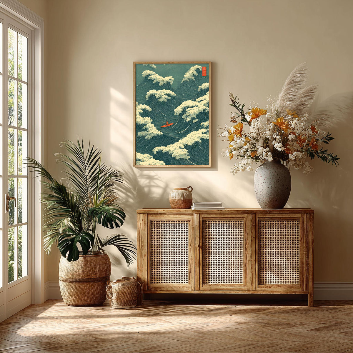 Ocean Wave Poster, Japanese Woodblock Print, Surfer Coastal Wall Art