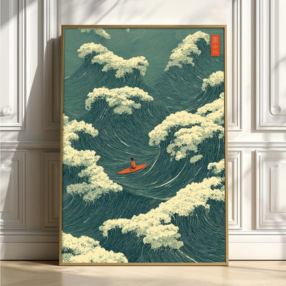 Ocean Wave Poster, Japanese Woodblock Print, Surfer Coastal Wall Art