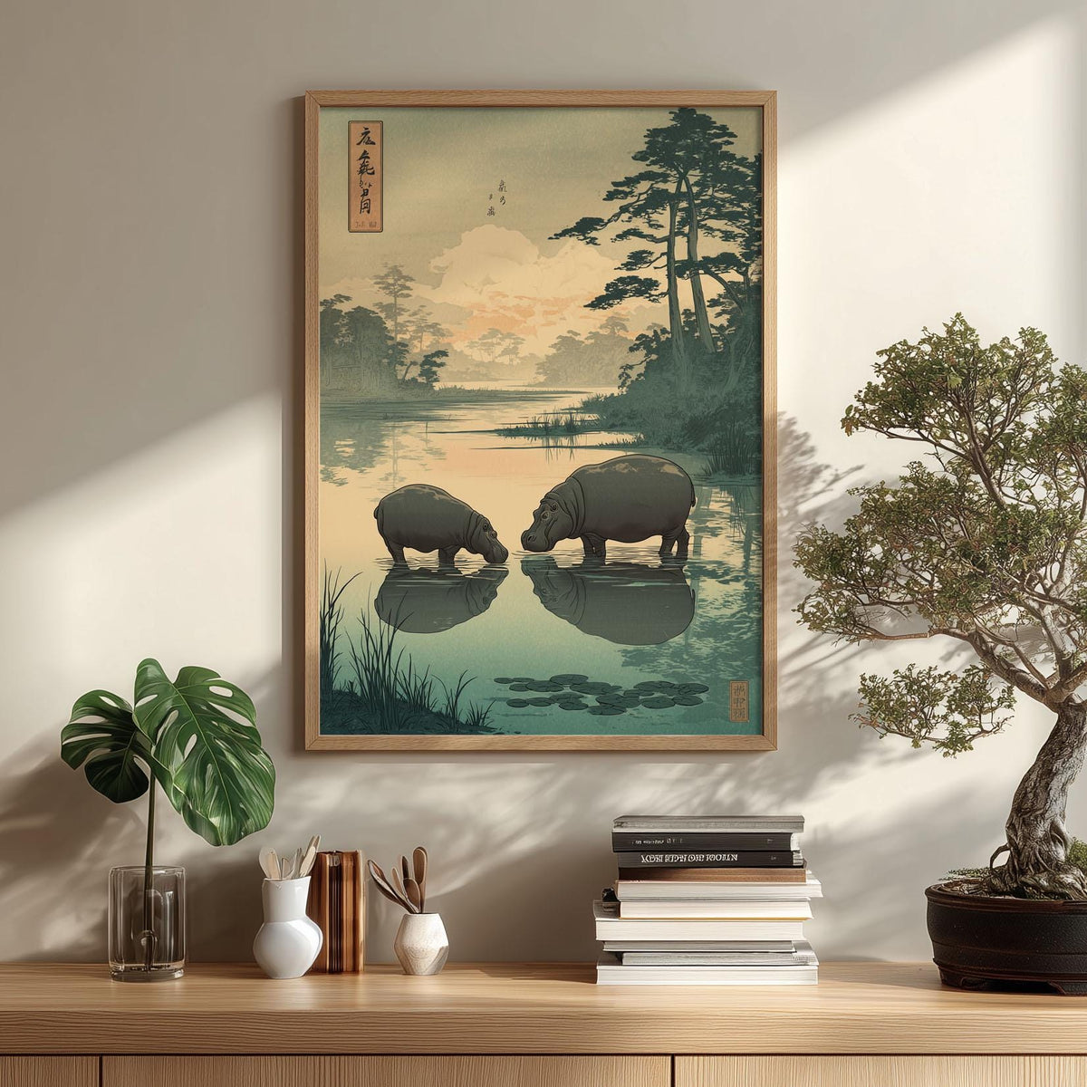 Peaceful Hippo Poster, Japanese Landscape Print, Woodland Wall Art
