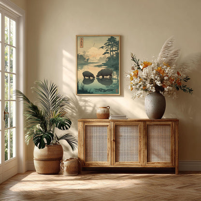 Peaceful Hippo Poster, Japanese Landscape Print, Woodland Wall Art