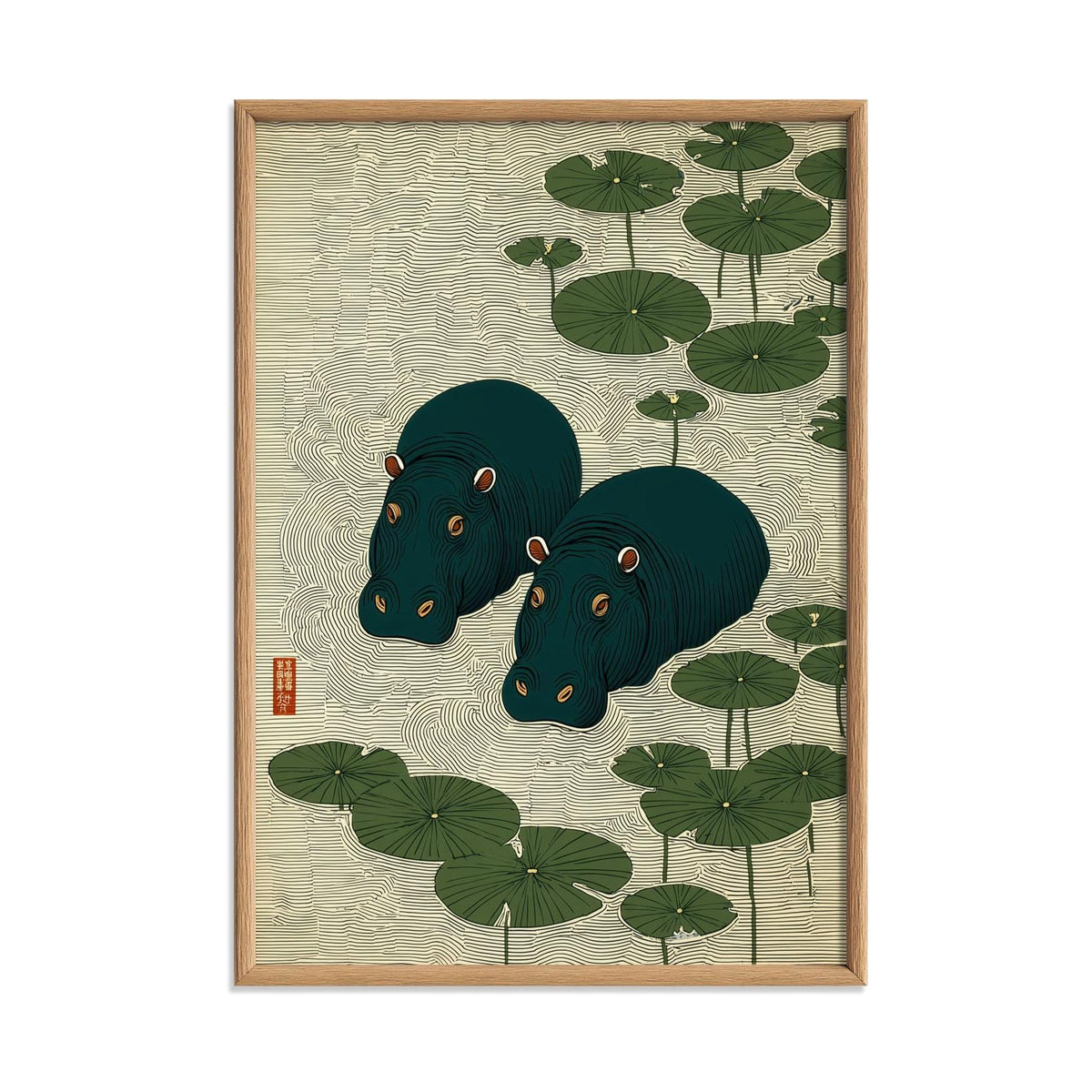 Hippo Print, Japanese Lily Pad Print, Green Pond Wall Art