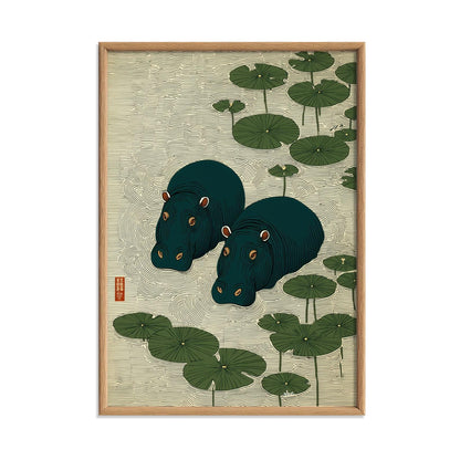 Hippo Print, Japanese Lily Pad Print, Green Pond Wall Art