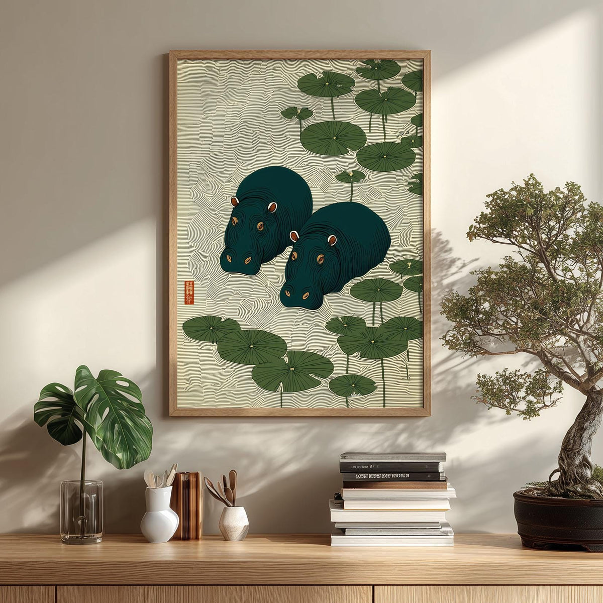 Hippo Print, Japanese Lily Pad Print, Green Pond Wall Art