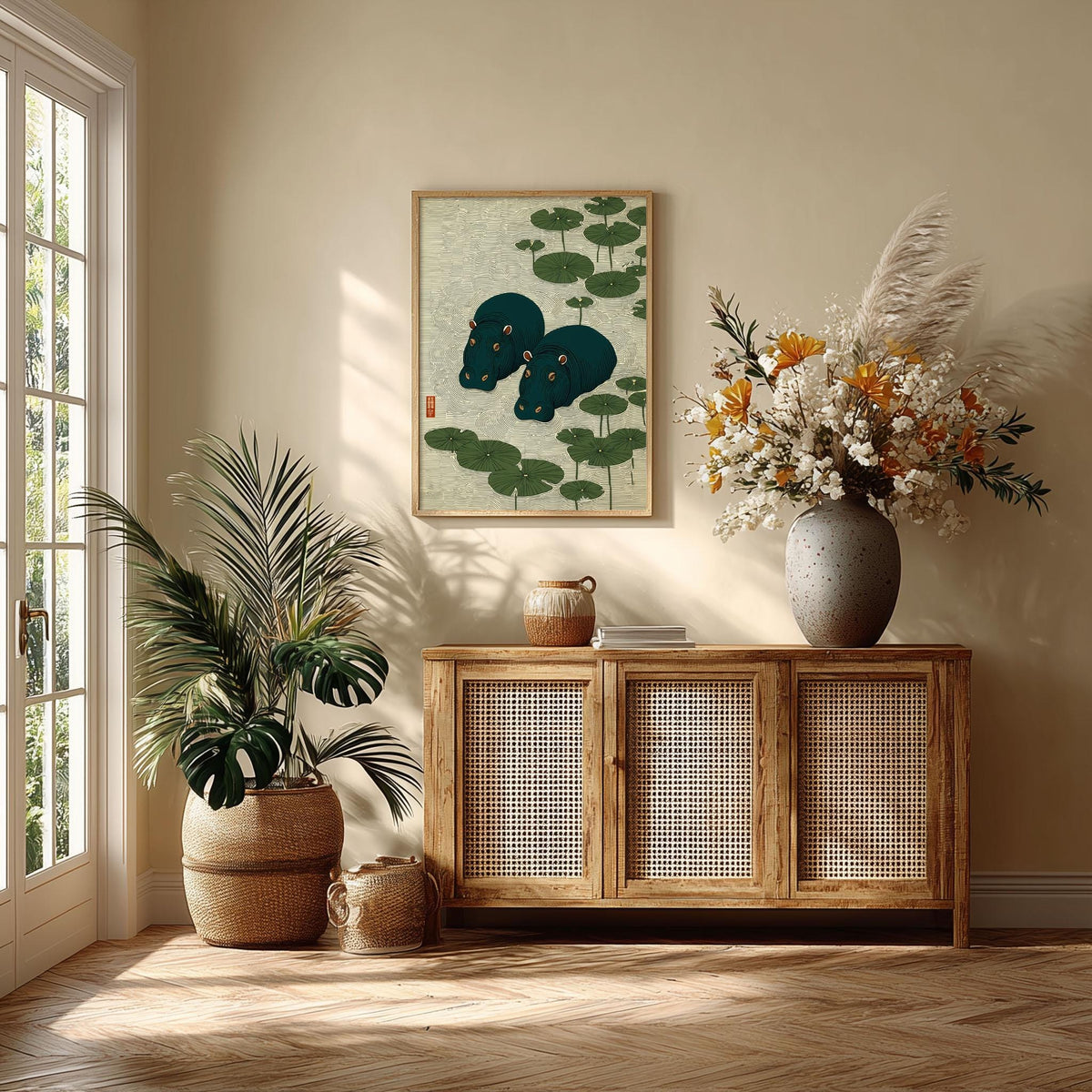 Hippo Print, Japanese Lily Pad Print, Green Pond Wall Art