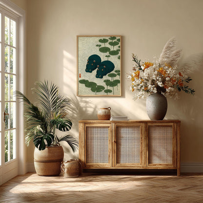 Hippo Print, Japanese Lily Pad Print, Green Pond Wall Art