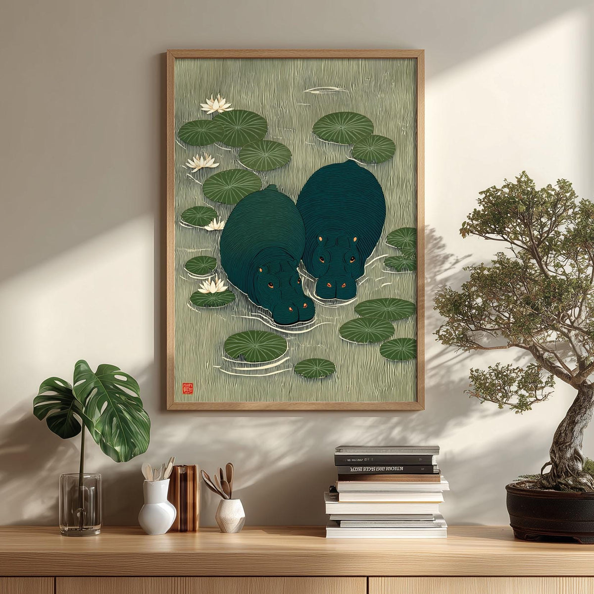 Japanese Lily Pond Hippo Poster, Green Wildlife Print, Animal Wall Art
