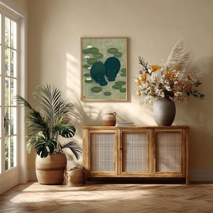 Japanese Lily Pond Hippo Poster, Green Wildlife Print, Animal Wall Art