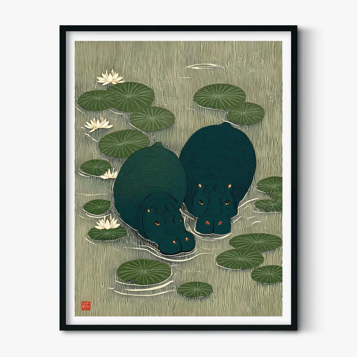 Japanese Lily Pond Hippo Poster, Green Wildlife Print, Animal Wall Art