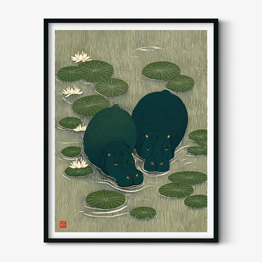 Japanese Lily Pond Hippo Poster, Green Wildlife Print, Animal Wall Art