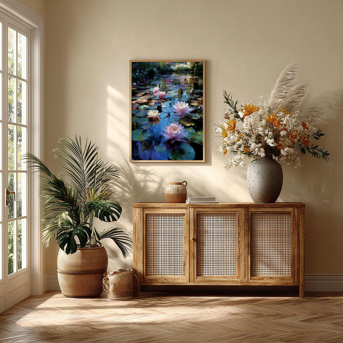 Water Lily Pond Poster, Impressionist Floral Print, Blue Botanical Wall Art