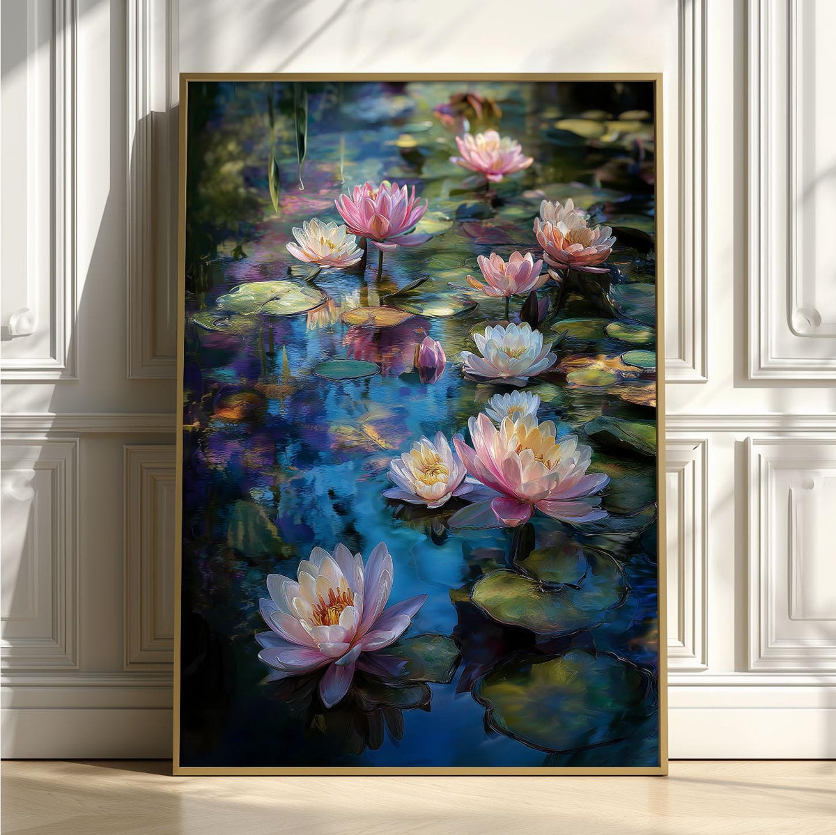 Water Lily Poster, Impressionist Garden Print, Blue Floral Pond Wall Art