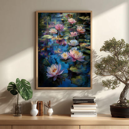 Water Lily Poster, Impressionist Garden Print, Blue Floral Pond Wall Art