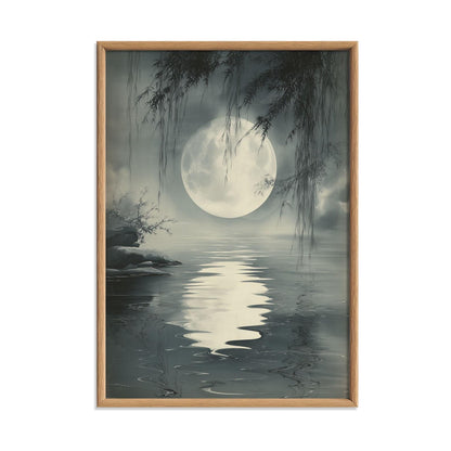 Moonlit Lake Poster, Chinese Ink Wash Print, Grey Landscape Wall Art