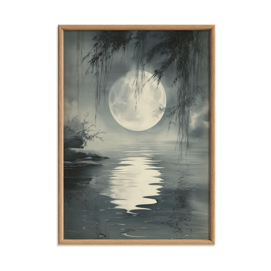 Moonlit Lake Poster, Chinese Ink Wash Print, Grey Landscape Wall Art