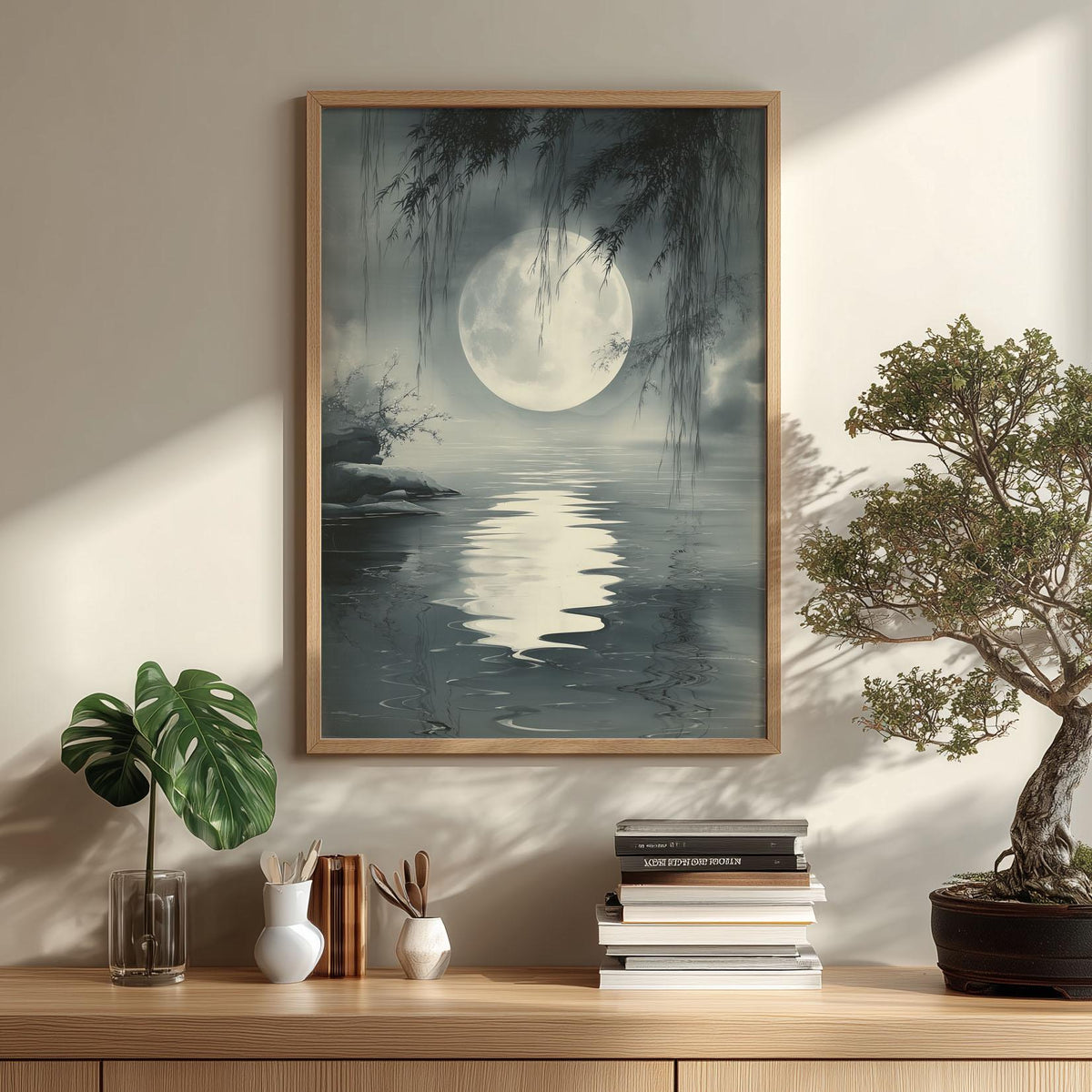 Moonlit Lake Poster, Chinese Ink Wash Print, Grey Landscape Wall Art