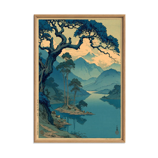 Mountain Lake Poster, Japanese Woodblock Print, Blue Landscape Wall Art