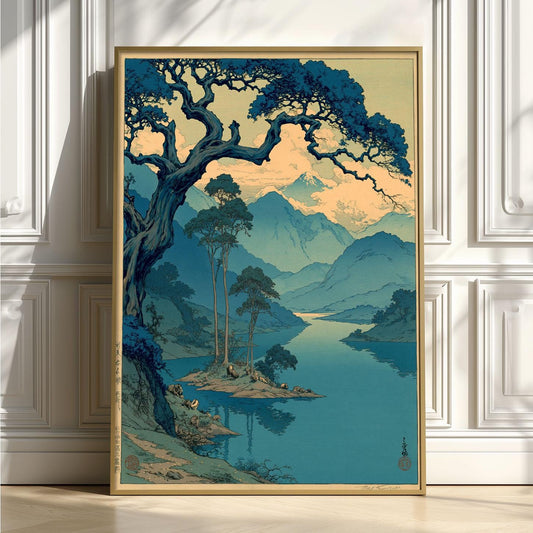 Mountain Lake Poster, Japanese Woodblock Print, Blue Landscape Wall Art