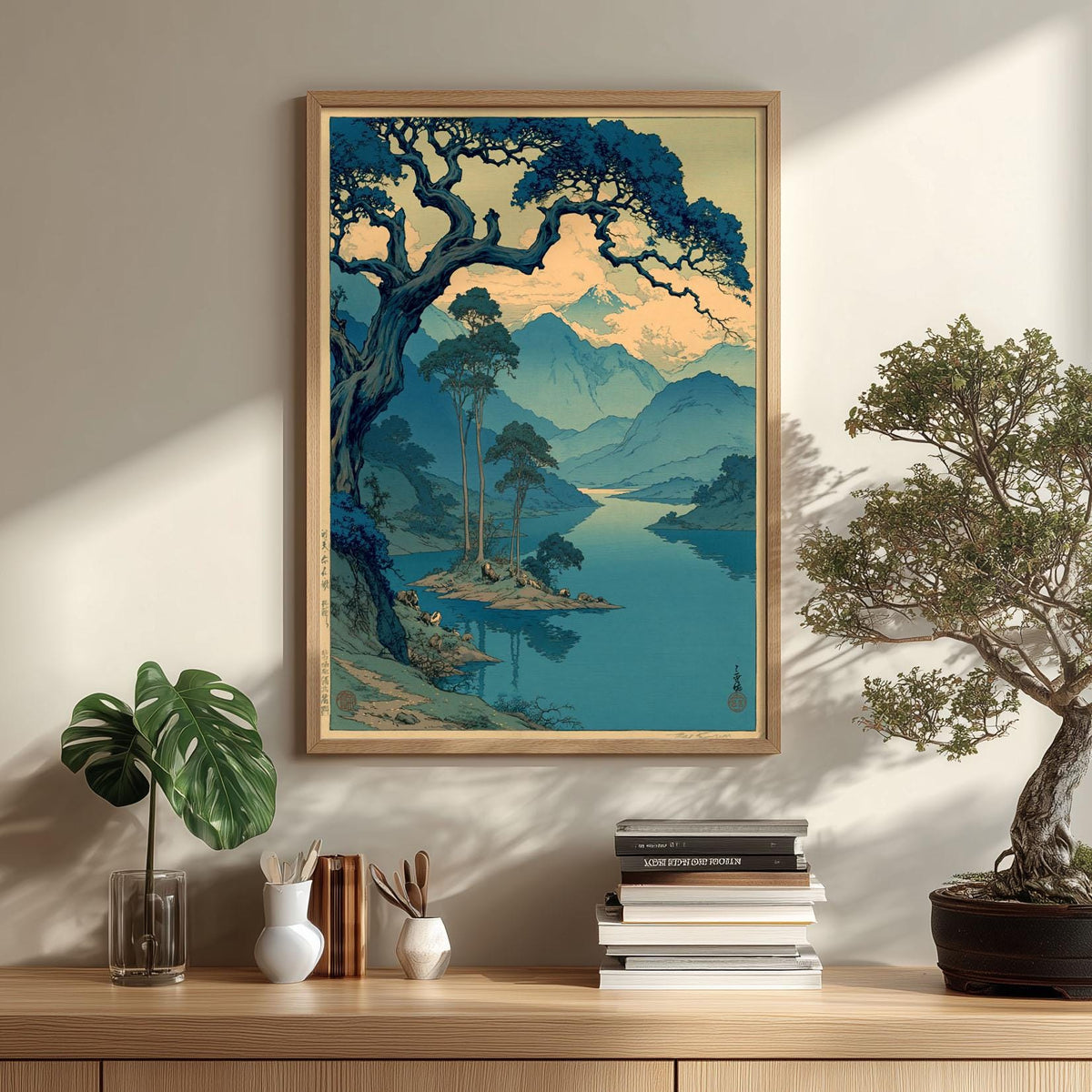 Mountain Lake Poster, Japanese Woodblock Print, Blue Landscape Wall Art