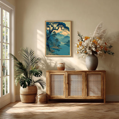 Mountain Lake Poster, Japanese Woodblock Print, Blue Landscape Wall Art