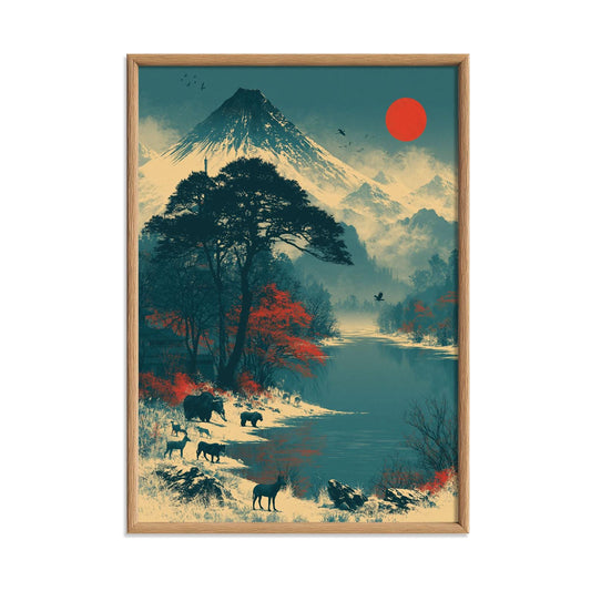 Mountain Wildlife Poster, Japanese Landscape Print, Red Sun Lake Wall Art