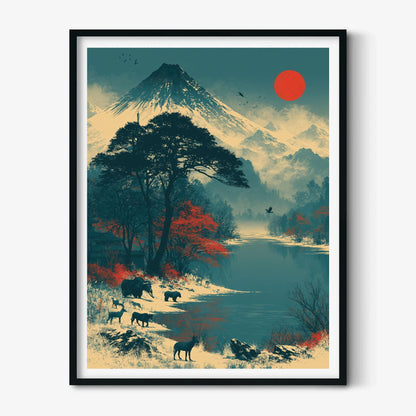 Mountain Wildlife Poster, Japanese Landscape Print, Red Sun Lake Wall Art