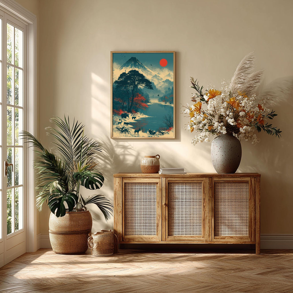 Mountain Wildlife Poster, Japanese Landscape Print, Red Sun Lake Wall Art