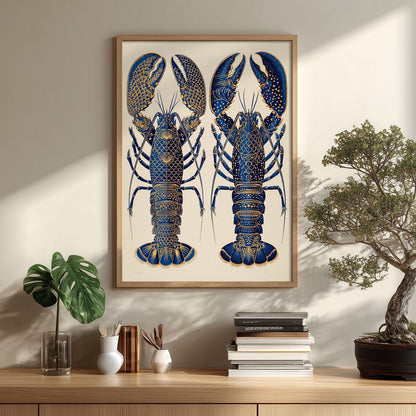 Blue Lobster Poster, Coastal Seafood Print, Nautical Kitchen Wall Art
