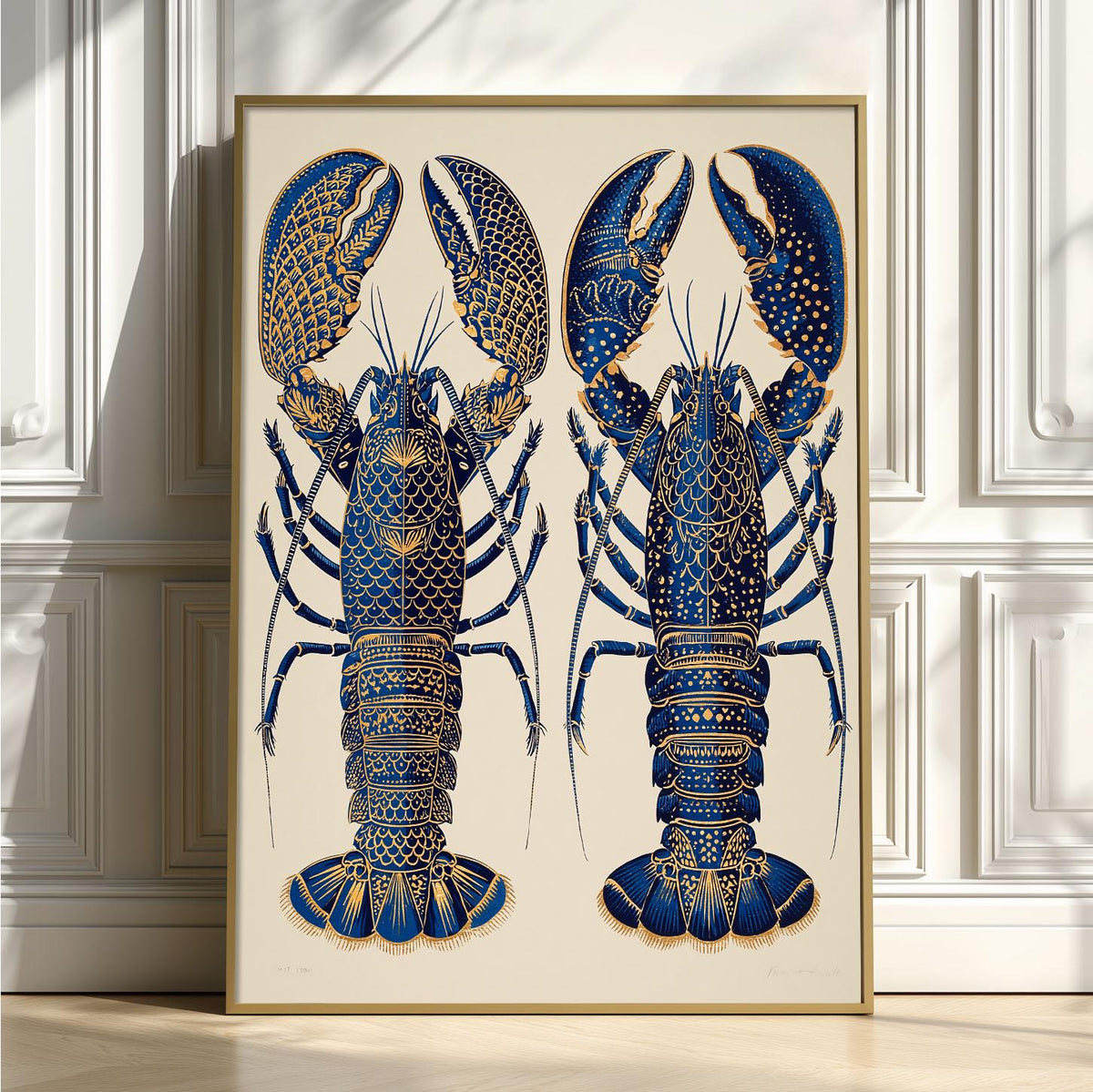 Blue Lobster Poster, Coastal Seafood Print, Nautical Kitchen Wall Art