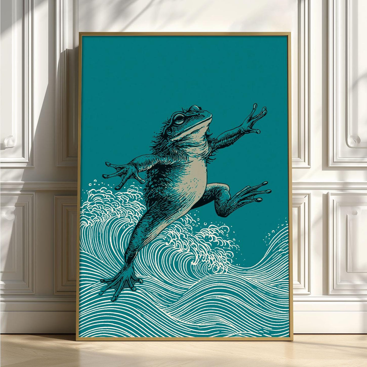 Leaping Frog Poster, Japanese Wave Print, Teal Pond Wall Art