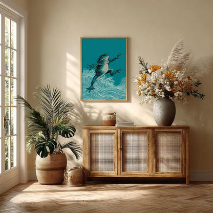 Leaping Frog Poster, Japanese Wave Print, Teal Pond Wall Art
