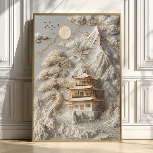 Golden Temple Poster, Japanese Landscape Print, White Mountain Wall Art